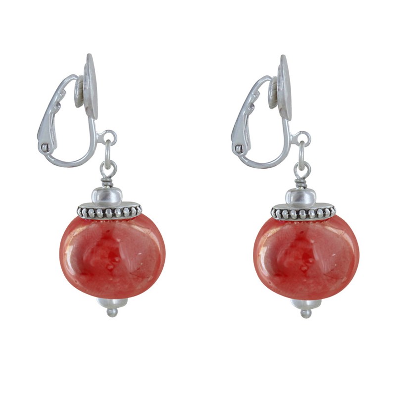 Boucles d'Oreilles Clip Métal Argenté et Grosses Perles en Céramique