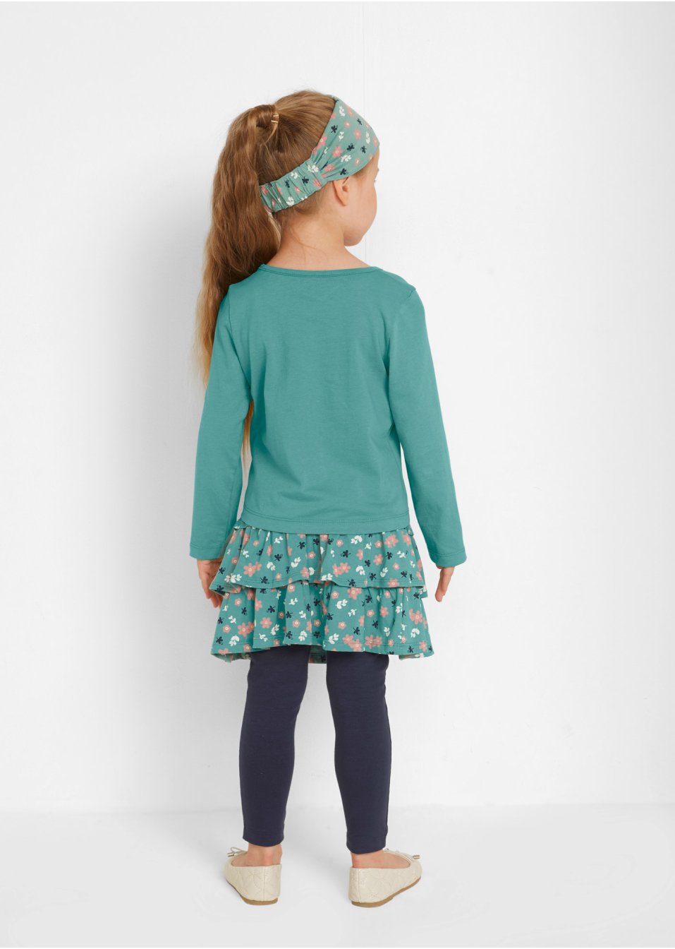 T-shirt manches longues, jupe, legging, bandeau fille (Ens. 4 pces.)