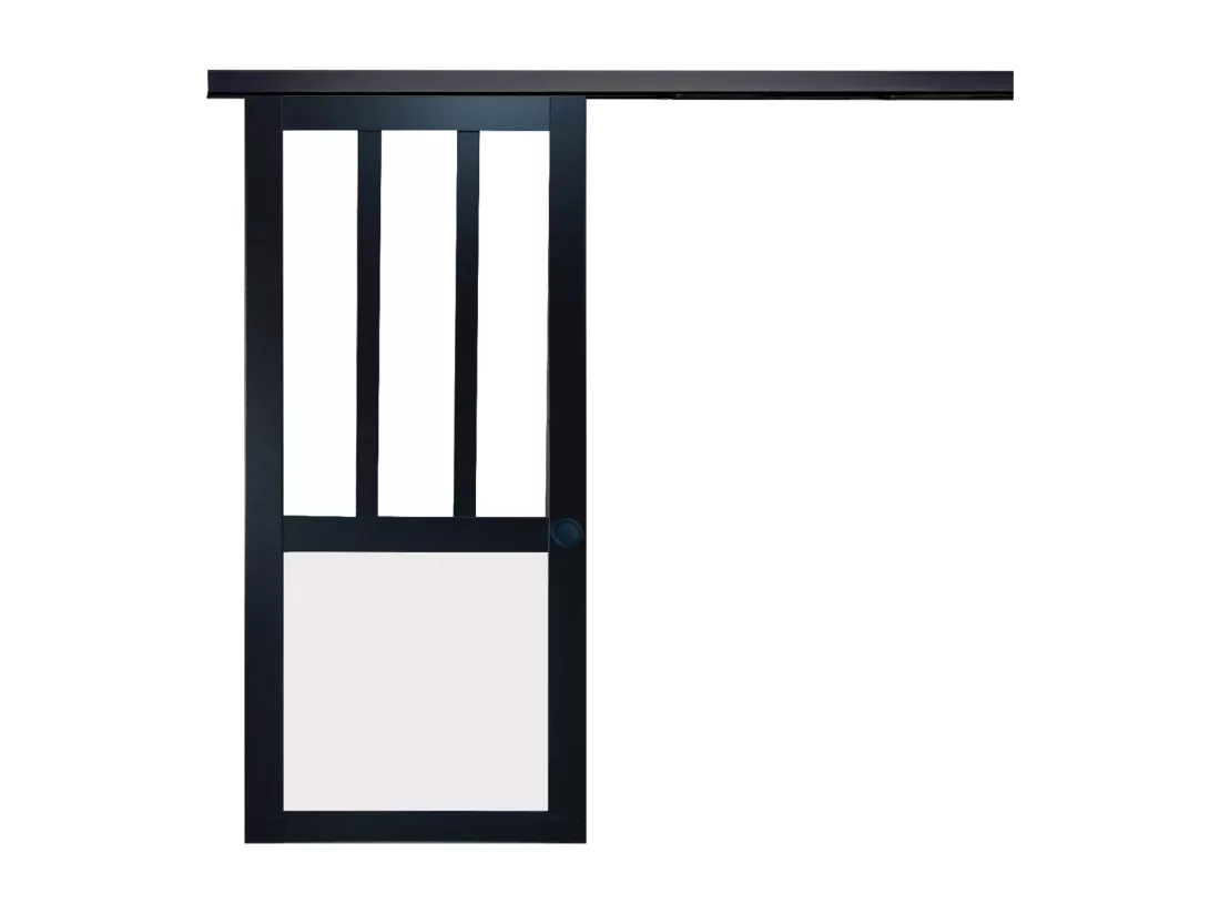 Porte Coulissante Atelier Noir Et Panneau Blanc Vitree H204 X L73 + Rail Alu Bandeau Noir Et 2 Coquilles Noir Gd Menuiseries