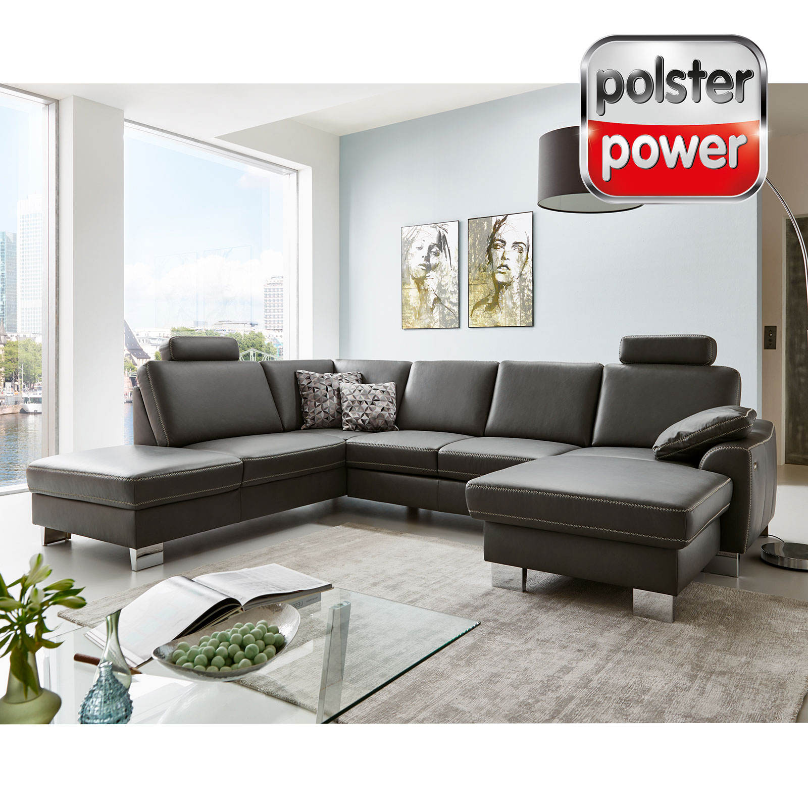 polsterpower Ledersofa - anthrazit - Basismodell - Canapé rechts