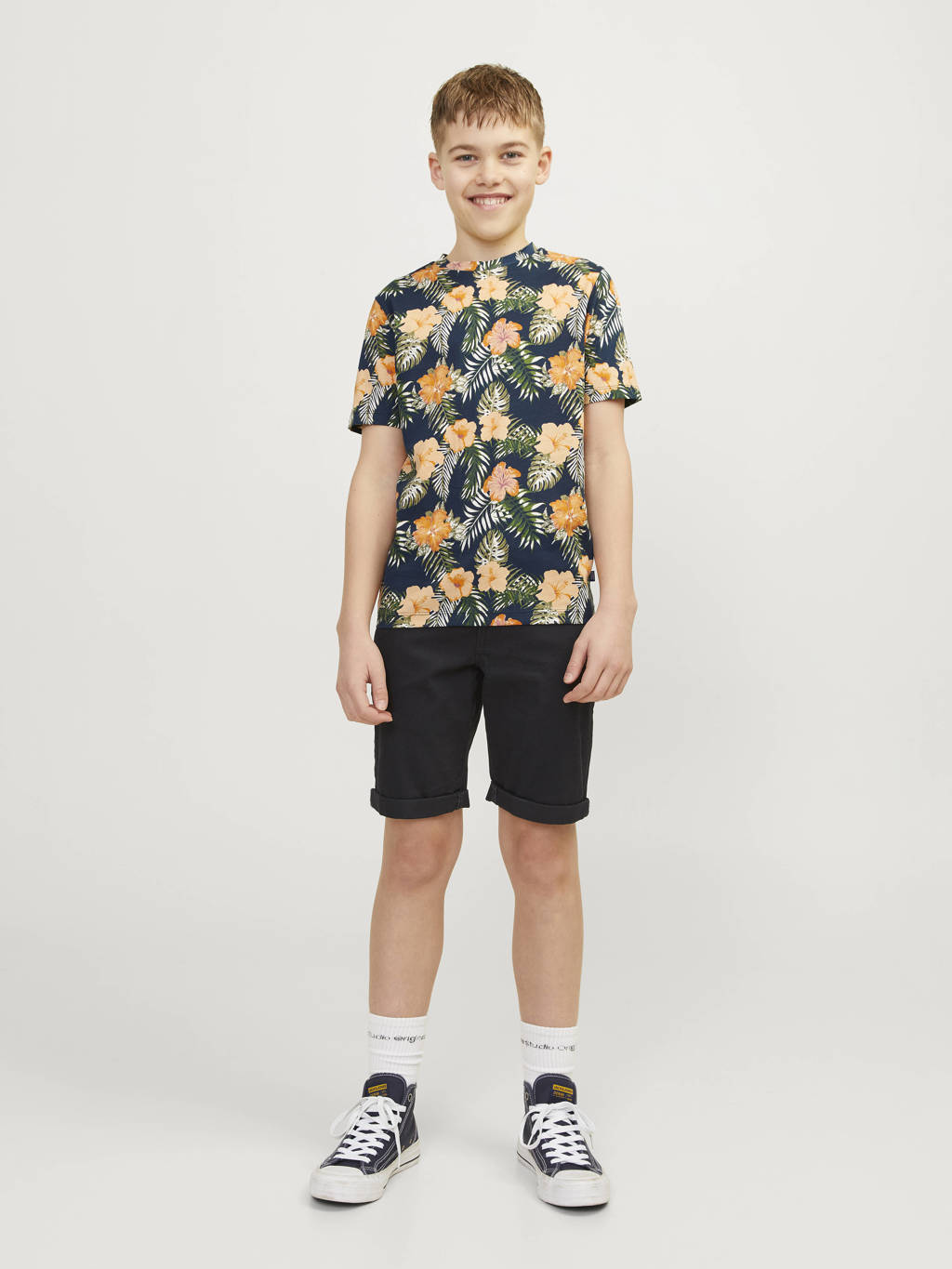 JACK & JONES T-shirt JJCHILL met all over print donkerblauw/geel