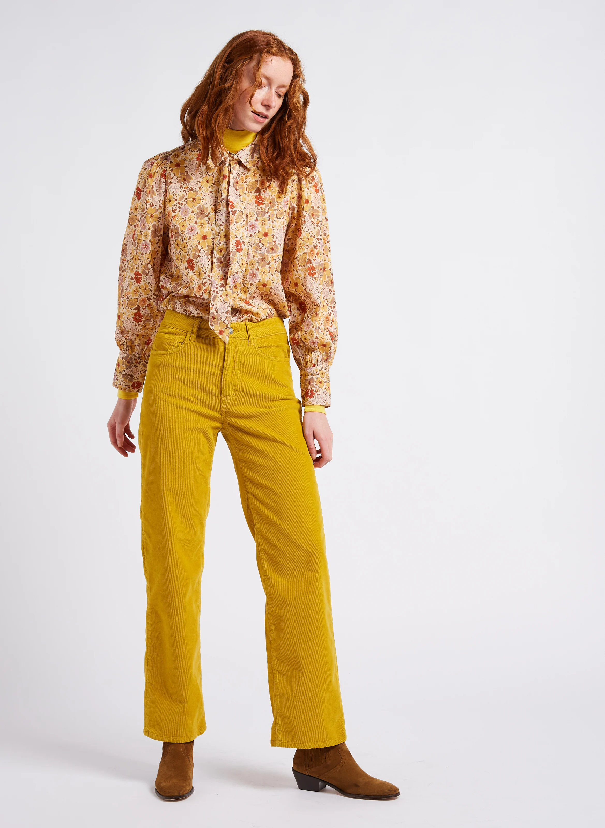 PERRINE - Pantalon droit en coton côtelé | Jaune