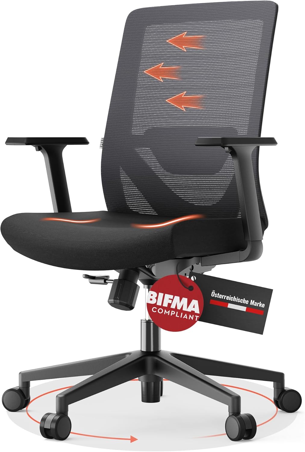 Yaasa Chair Lite Bürostuhl Ergonomisch Schwarz – Schreibtischstuhl mit Lordosenstütze & 1D-Armlehnen – Drehstuhl mit stufenlos einstellbarem Rückenlehnen-Widerstand – Home Office & Büro – 120kg