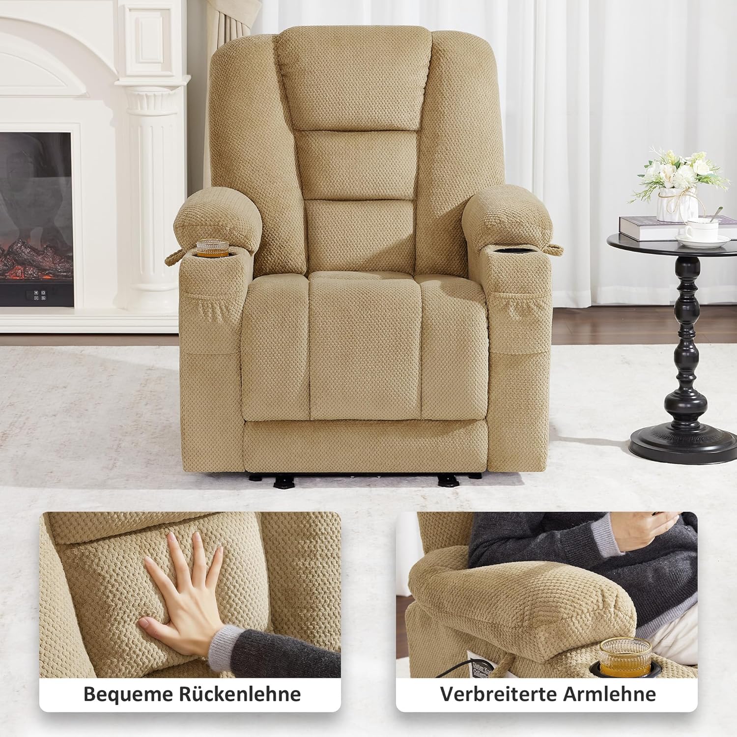 M MCombo Fernsehsessel elektrisch verstellbar, Relaxsessel mit Liegefunktion, TV Sessel mit Massage & Wärmefunktion, USB & Getränkehalter, 35D Vollschaum-Sitzkissen 7008 (Stoff, Beige)