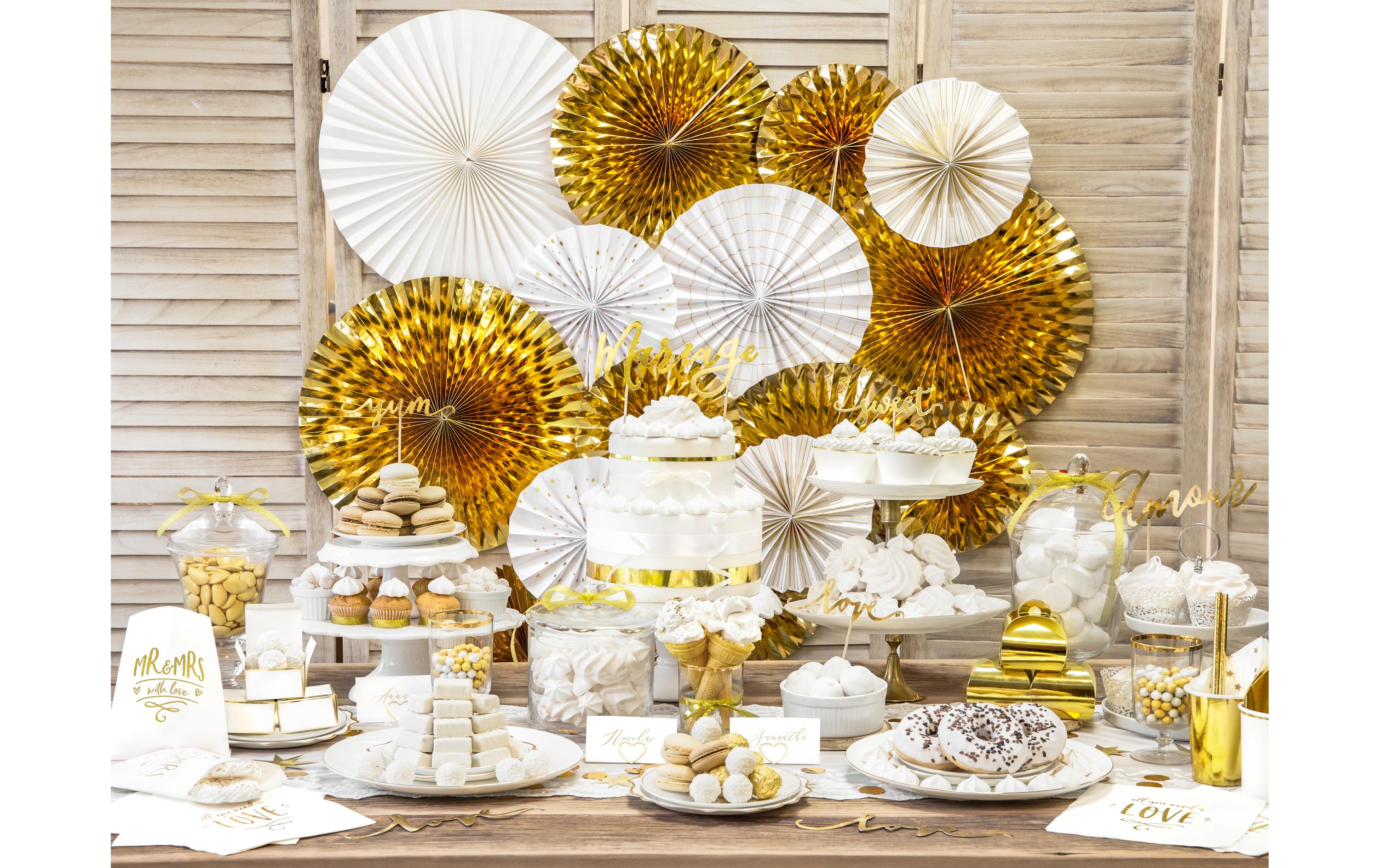 Rosetten Zweifarbig 4 Stück, Weiss/GoldDekoration für Zuhause oder Partys wie Hochzeit, Polterabend, Geburtstagsparty, Sommerparty, Babyshower, Weihnachten, Silvester