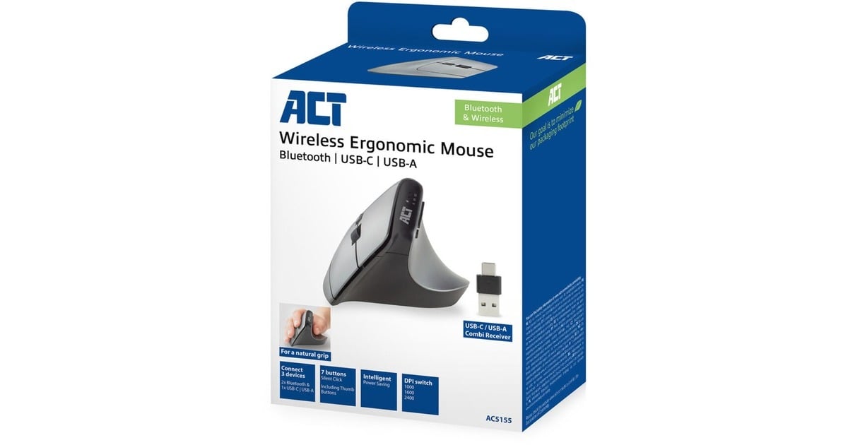 ACT ConnectivityDraadloze Ergonomische Muis met Bluetooth en USB-C/USB-A  (Zilver/zwart, 1000 - 2400 dpi)