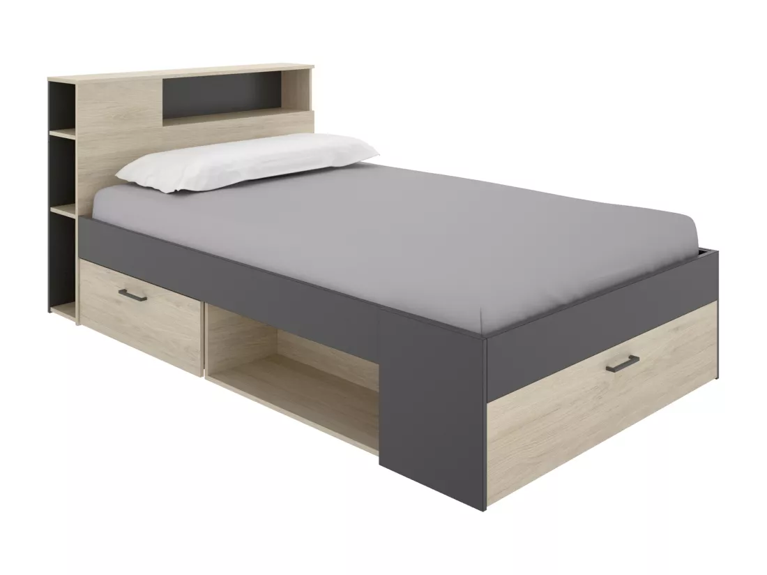 Lit avec tête de lit rangements et tiroirs - 120 x 190cm - Coloris : Naturel et anthracite - LEANDRE