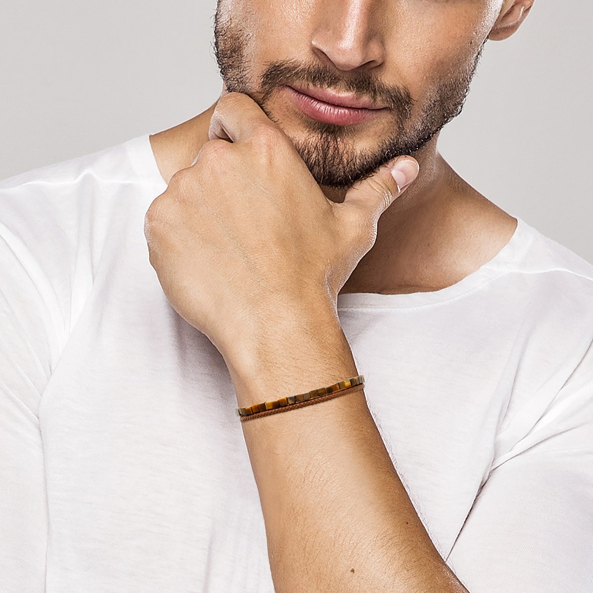 Bracelet homme Brillaxis cuir marron oeil de tigre