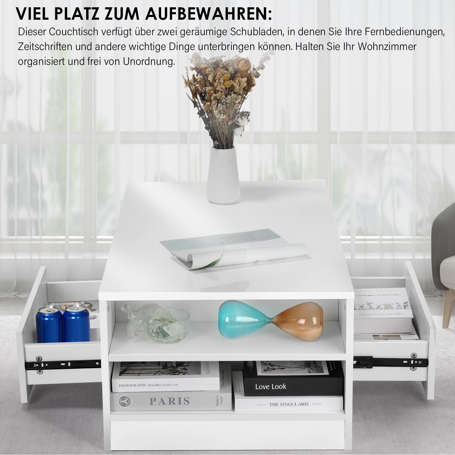 Couchtisch mit LED-Beleuchtung, Modern Sofatisch Wohnzimmertisch mit 2 Schublade, 100x55x37cm