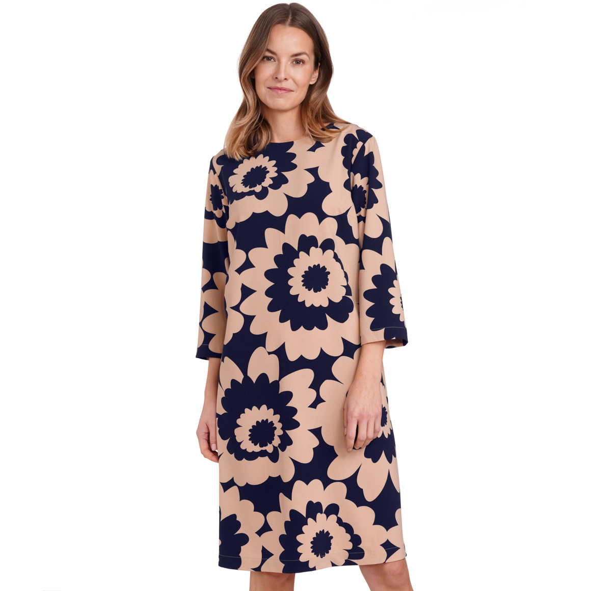 Gina Benott Damen Kleid mit Blumen-Allover beige / dunkelblau