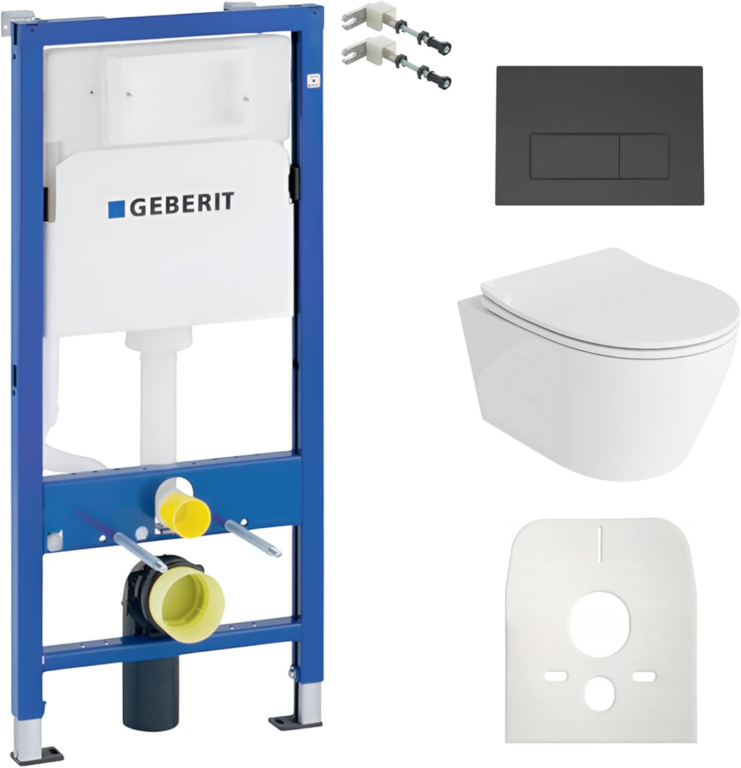 Lavita Duofix Basic Vorwandelement + Wand Tiefspül WC Praia Weiß Spülrandlos + WC Sitz + Bedienplatte Delta 25 Schwarzer Knopf Komplettset Unterputz Spülkasten Toilette Komplett Sett WC