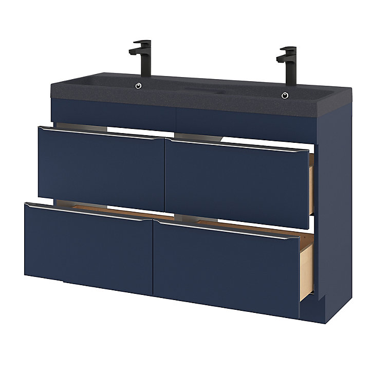Ensemble salle de bains l.120 cm meuble à poser Imandra bleu nuit mat + plan double vasque résine noir