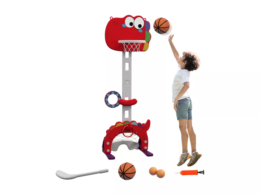 Panier de basket enfant multifonction design dino 3-6 ans - but, golf, 2 jeux de lancer - hauteur réglable - HDPE gris rouge