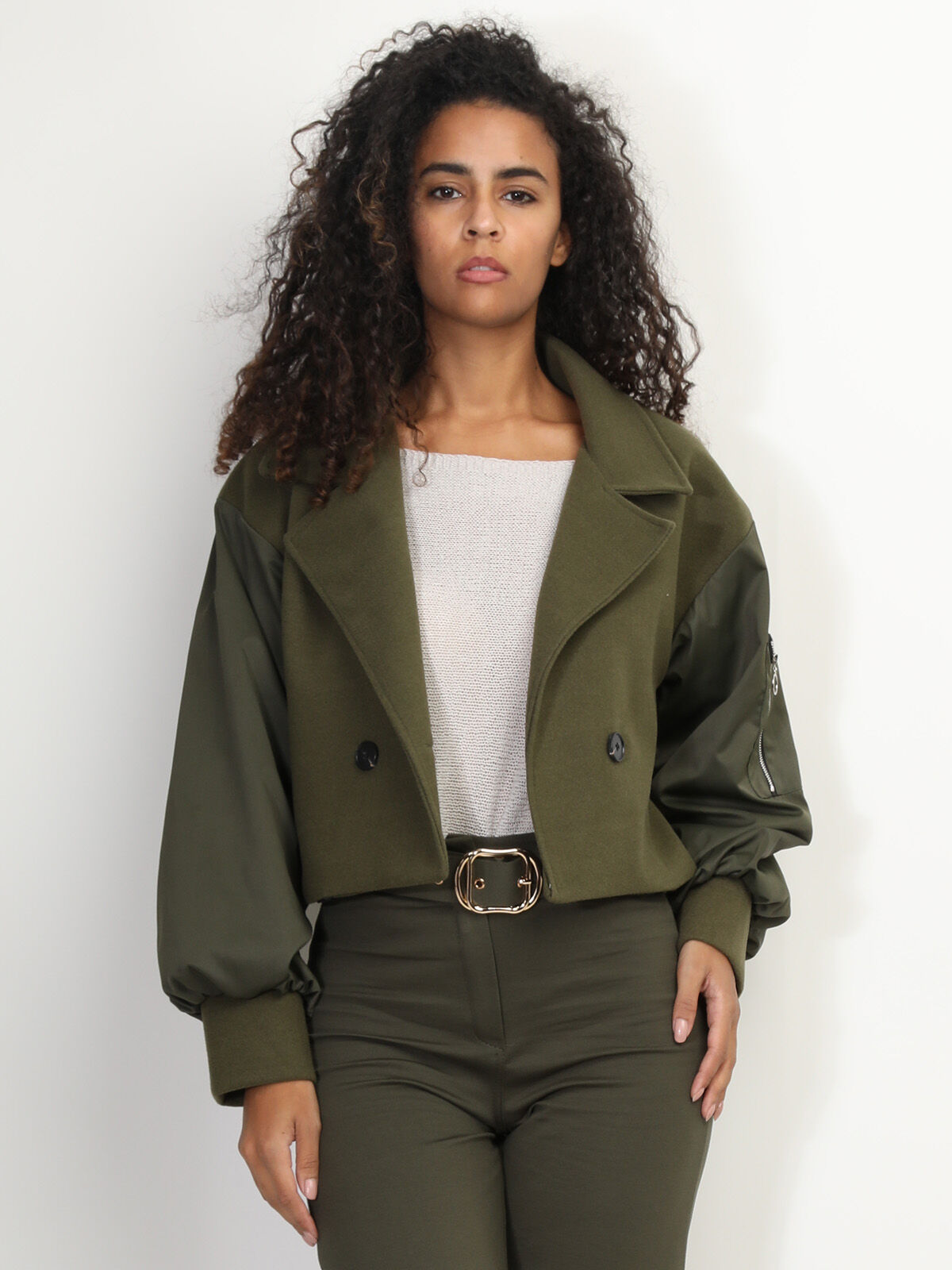 Veste courte croisée bi-matière- Kaki