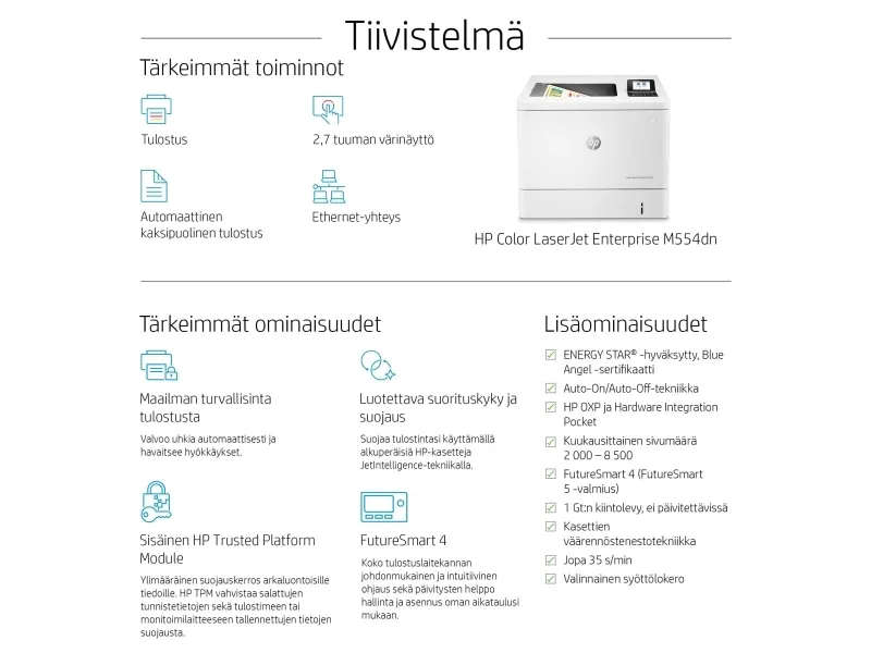 HP LaserJet Enterprise M554dn - Printer - farve - Duplex - laser - A4/Legal - 1200 x 1200 dpi - op til 33 spm (mono) / op til 33 spm (farve) - kapacitet: 650 ark - USB 2.0, Gigabit LAN, USB 2.0 vært