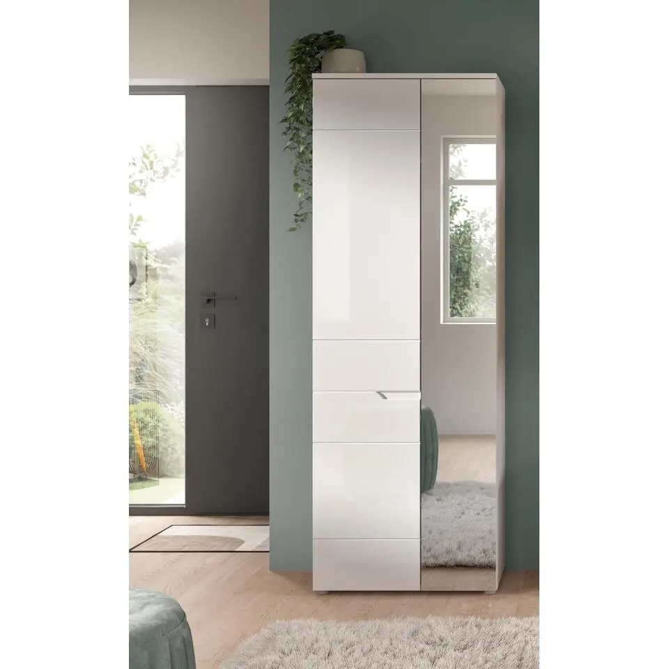 Hioshop Solero kledingkast 1 deur- 1 spiegeldeur wit hoogglans- wit