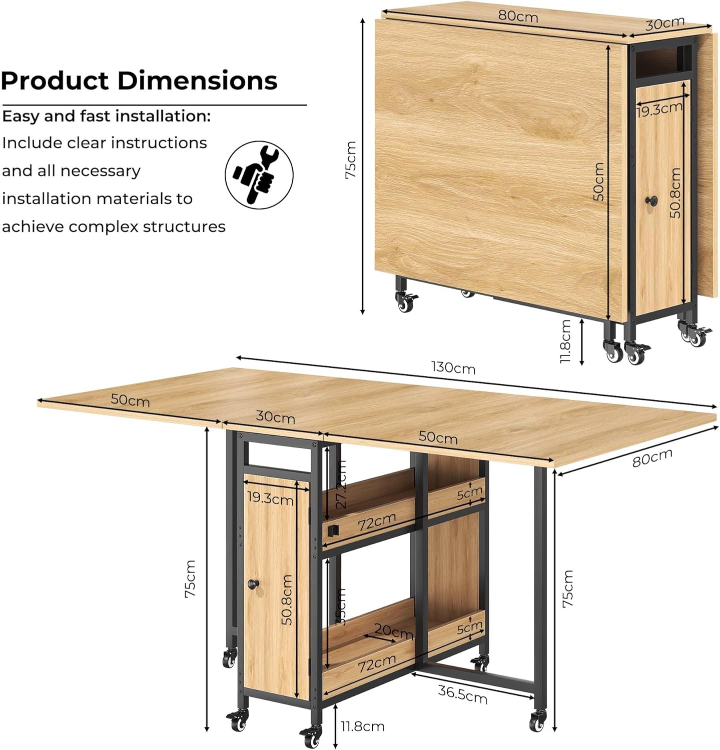 HSH Klappbarer Esstisch Klapptisch Küche Mit Stauraum Küchentisch Klappbar mit 2 Regalen und Rollen Mobiler Tish aus Holz und Metall Platzsparender Für Küche Wohnzimmer Wohnung Eichenoptik 130cm