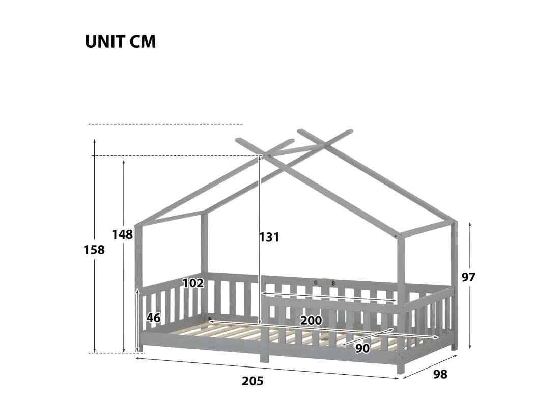 Lit cabane lit enfant 90x200cm en bois massif avec protection antichute et sommier à lattes - Gris