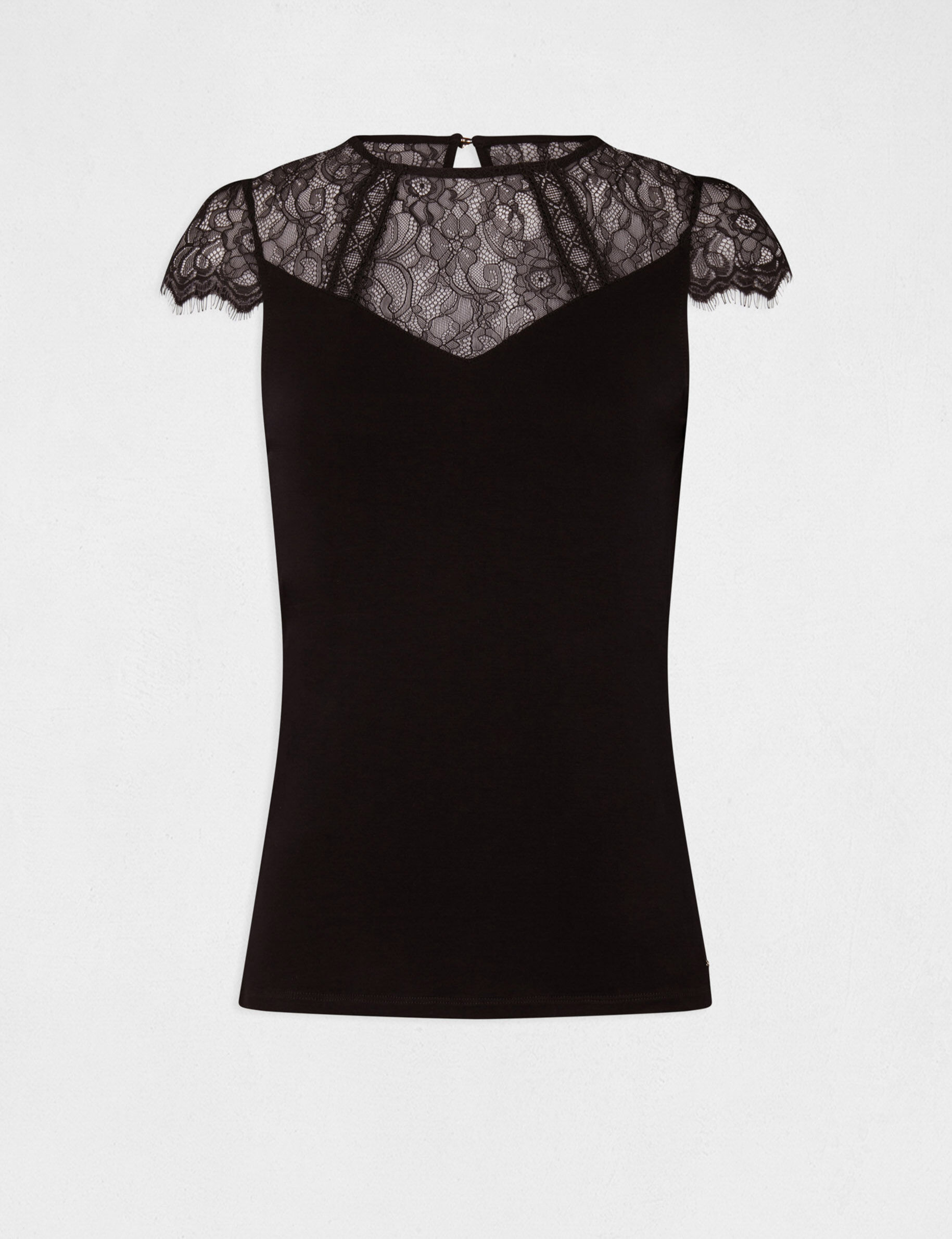 T-shirt manches courtes à dentelle noir femme - noir