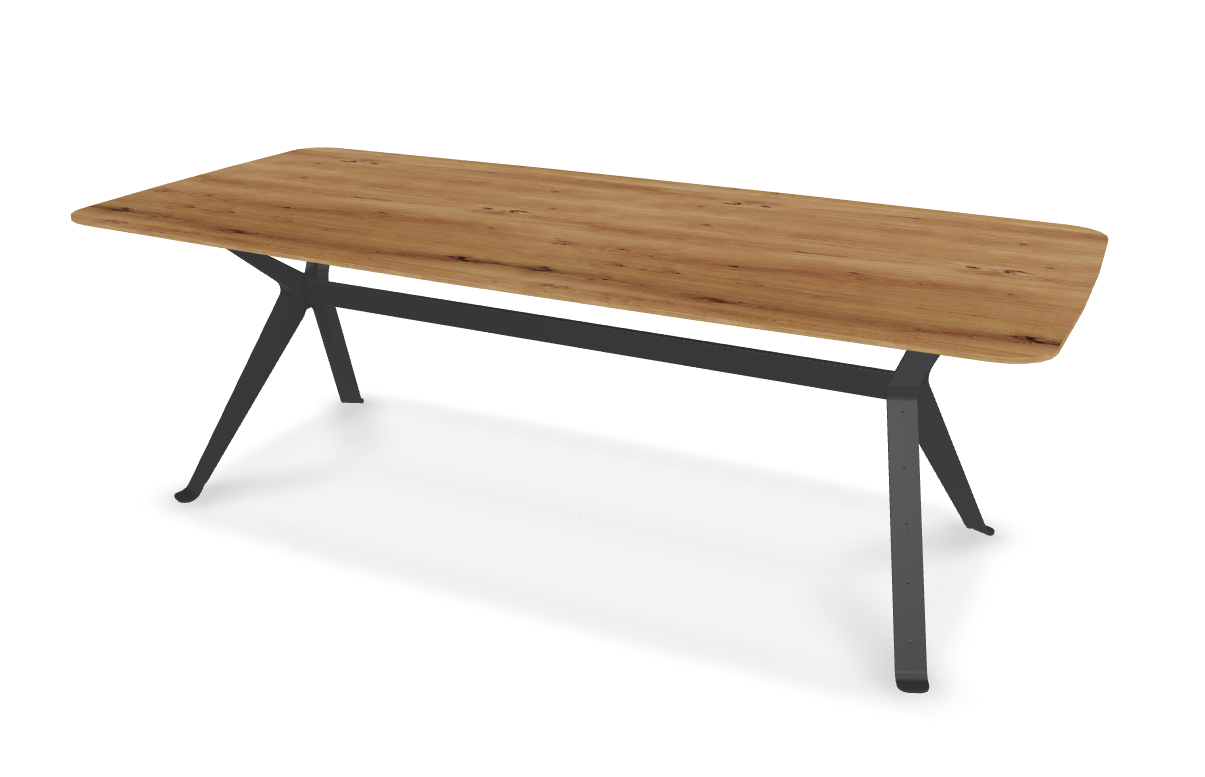 They & Me eettafel Chat – bootsvorm – eiken rustiek lak – onderstel RAL9017 verkeerszwart 220 x 100 x 75 | Eiken Rustiek lak | Rechte Rand | Frame RAL9017 verkeerszwart