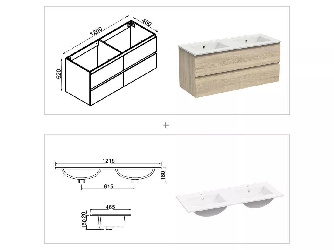 Ensemble muebles Salle De Bain 120cm 4 tiroirs double vasque + colonne + miroir LED Chêne Wotan 5pcs - Aica