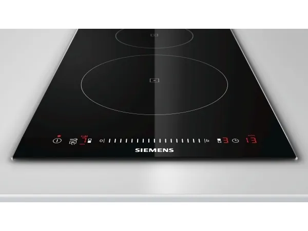 Siemens iQ100 EH375FBB1E - Induktions kogeplade - 2 plader - Niche - bredde: 27 cm - dybde: 49 cm - med rustfrit stål-sidepynt, - med facetteret frontkant - børstet aluminium/sort