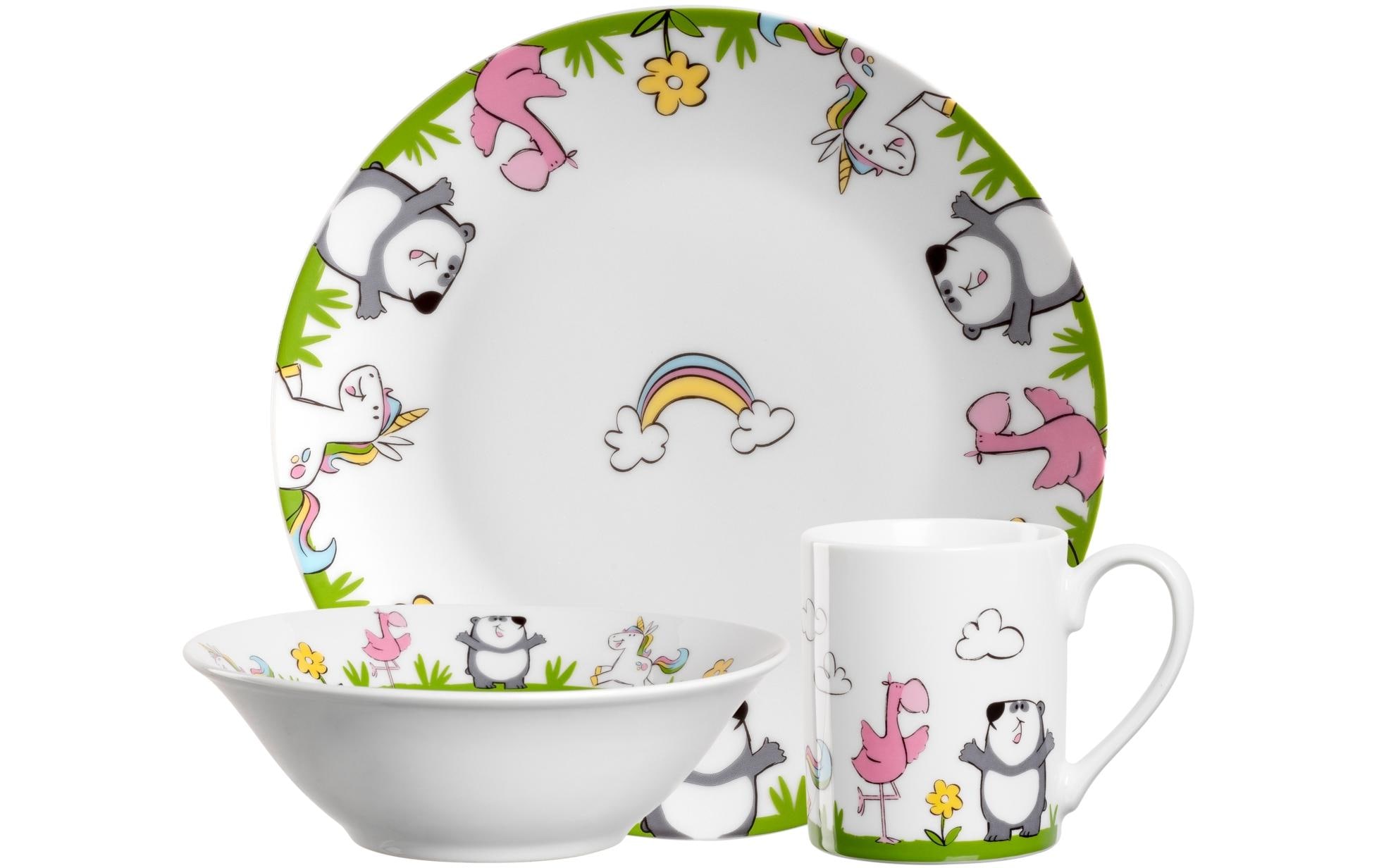 Kindergeschirrset Bambini Flamingo/Panda/Einhorn, 3-teiligKindergeschirr aus Porzellan
