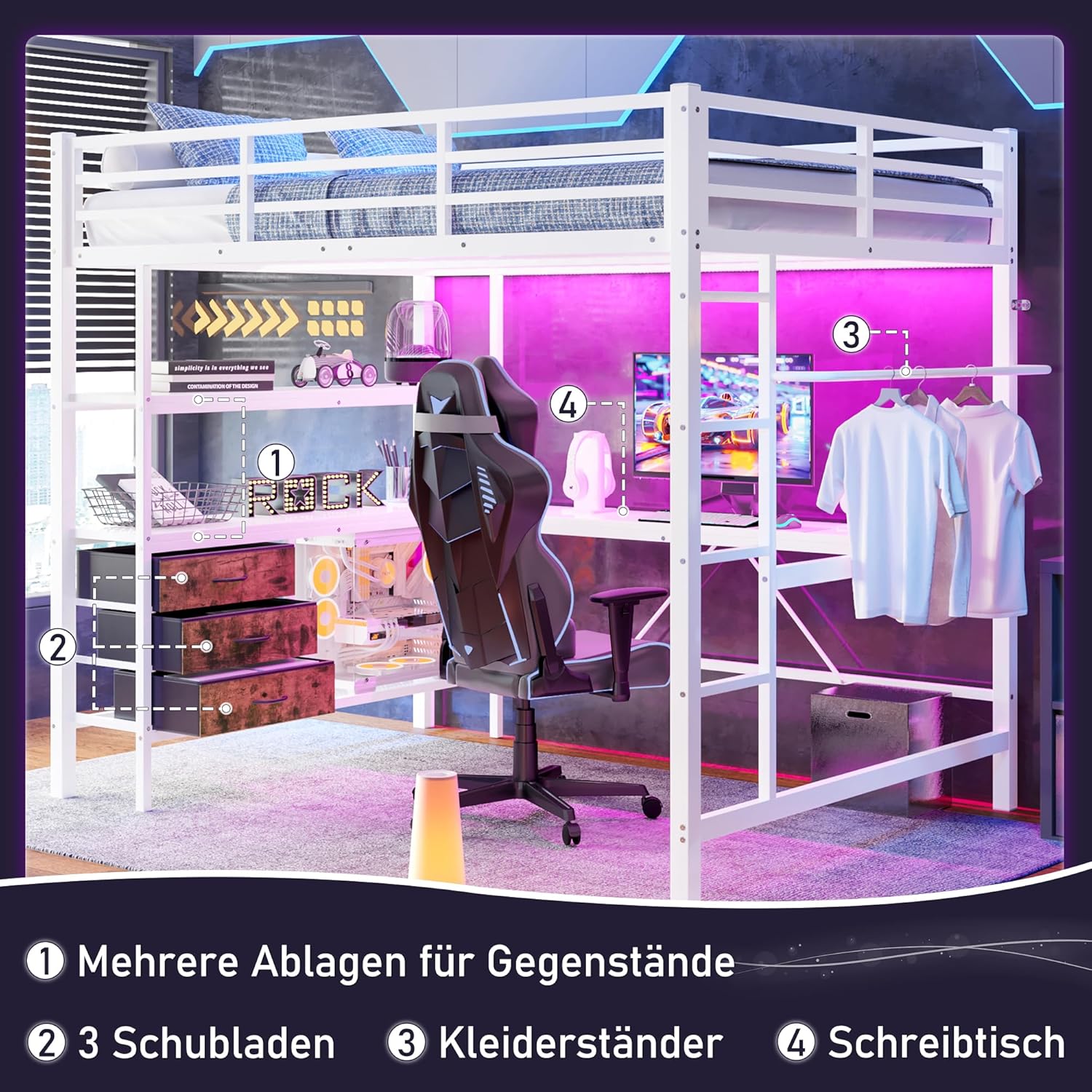 Merax Hochbett mit Schreibtisch 140x200 cm, Kinderbett mit Schubladen und Regalen, Bettgestell mit LED-Beleuchtung, Steckdosen & USB - Für Kinder/Erwachsene (Weiß)