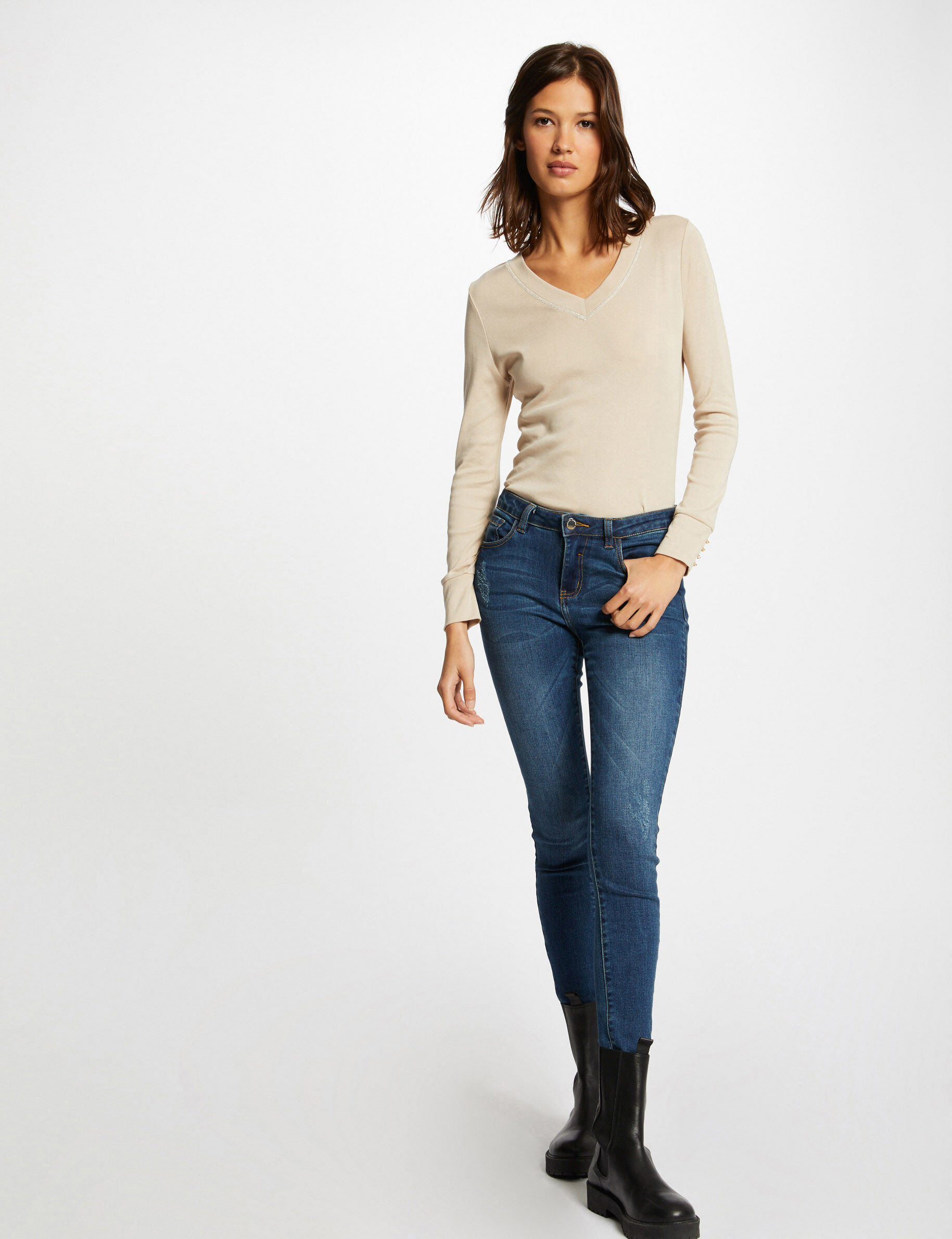 T-shirt manches longues avec col en V mastic femme - mastic