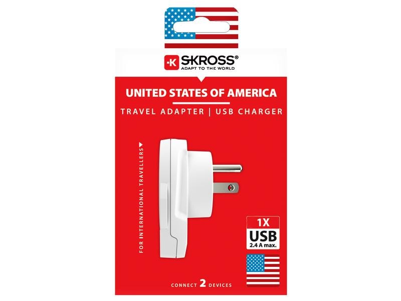 SKROSS Reiseadapter World USA mit USB Ladegerät Kompakter Reisestecker World zu USA mit USB Ladeanschluss