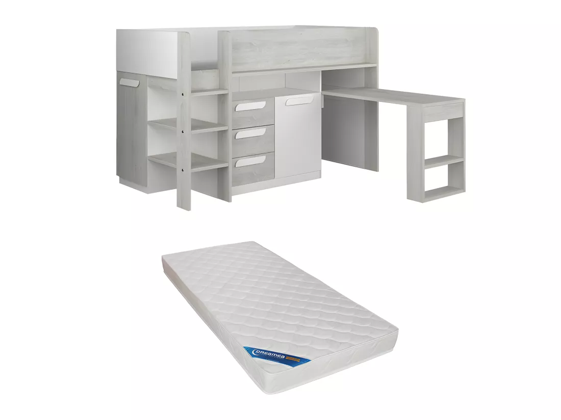 Lit combiné 90 x 200 cm - Avec bureau et rangements - Blanc et naturel + Matelas - LOUKALA