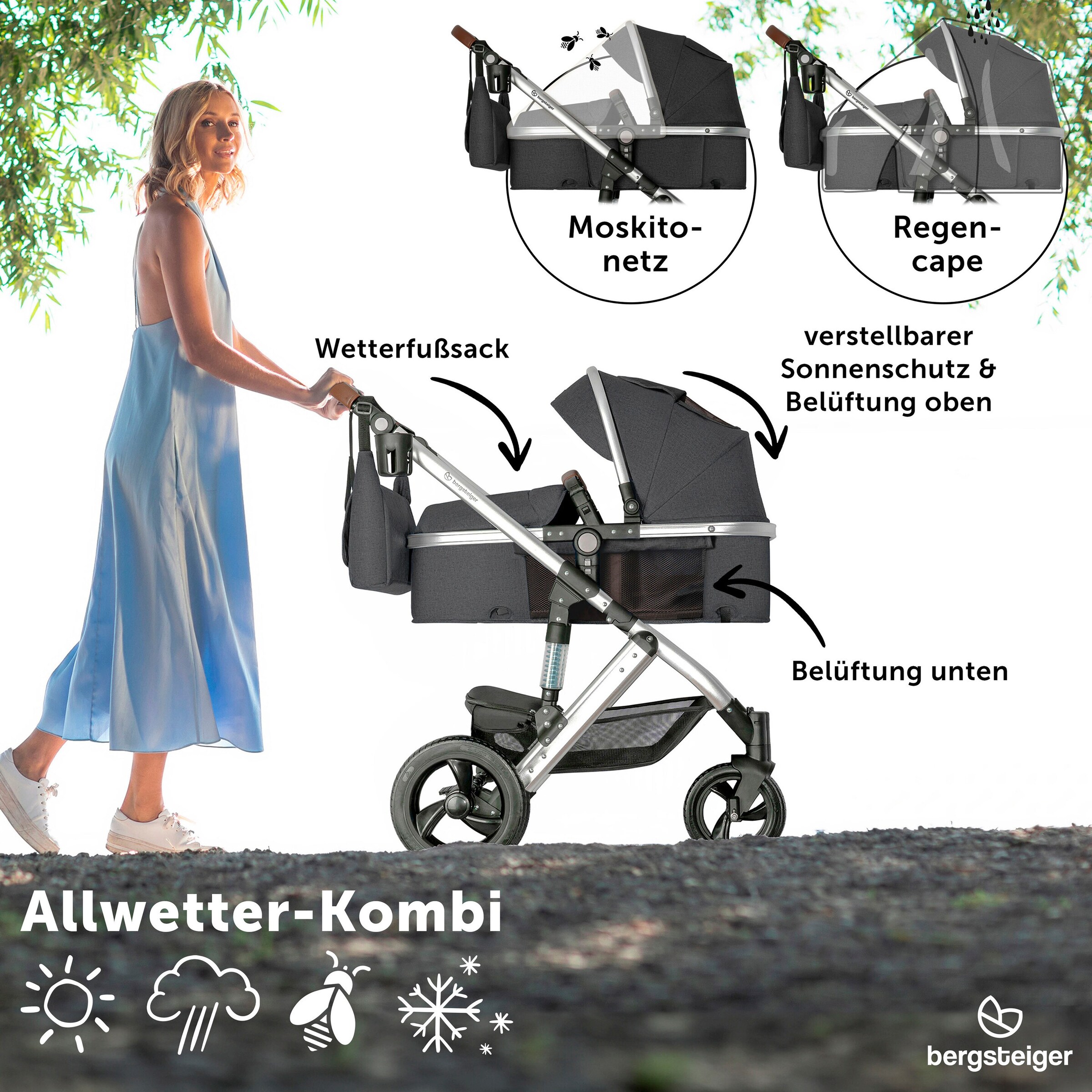 Bergsteiger Kinderwagen Nizza grey | Gestell: silver