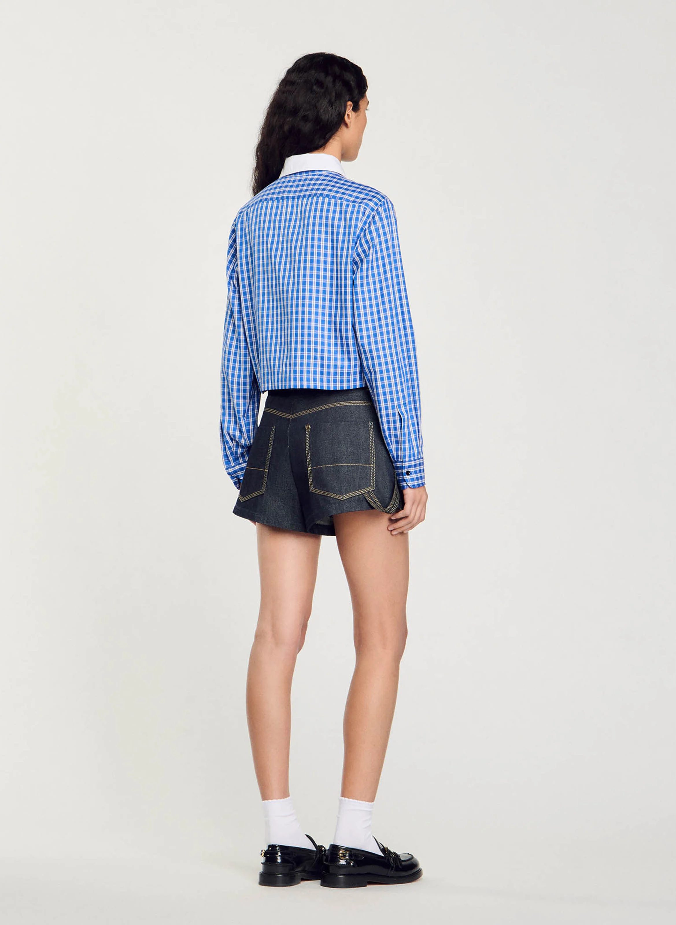 Chemise courte droite col classique en coton imprimé | Bleu