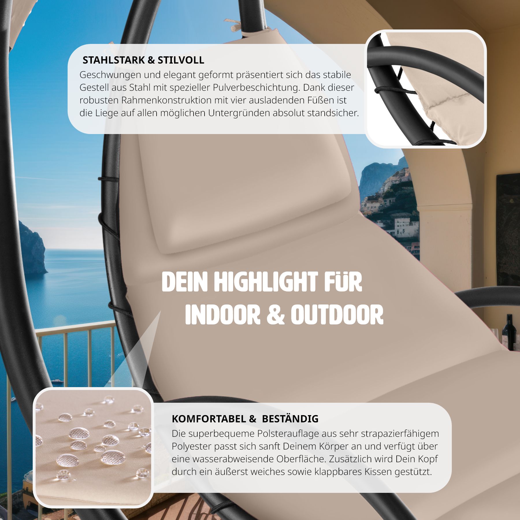 tectake® Hängeliege, großes Sonnendach mit UV-Schutz, ergonomisch, 195 x 132 x 197 cm, mit Seitentasche