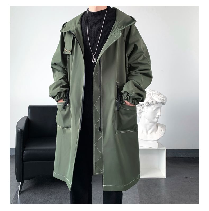 Malnia Home - Effen contrasterende stiksels, capuchon midi-jas met rits
