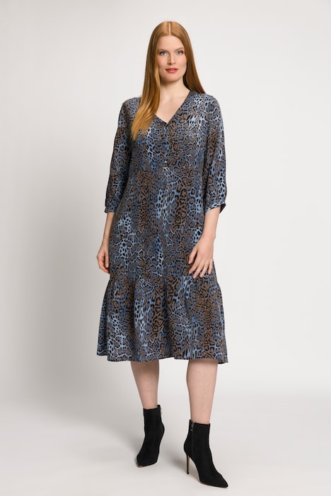 Cupro-Kleid, Leo-Design, V-Ausschnitt, 3/4-Arm