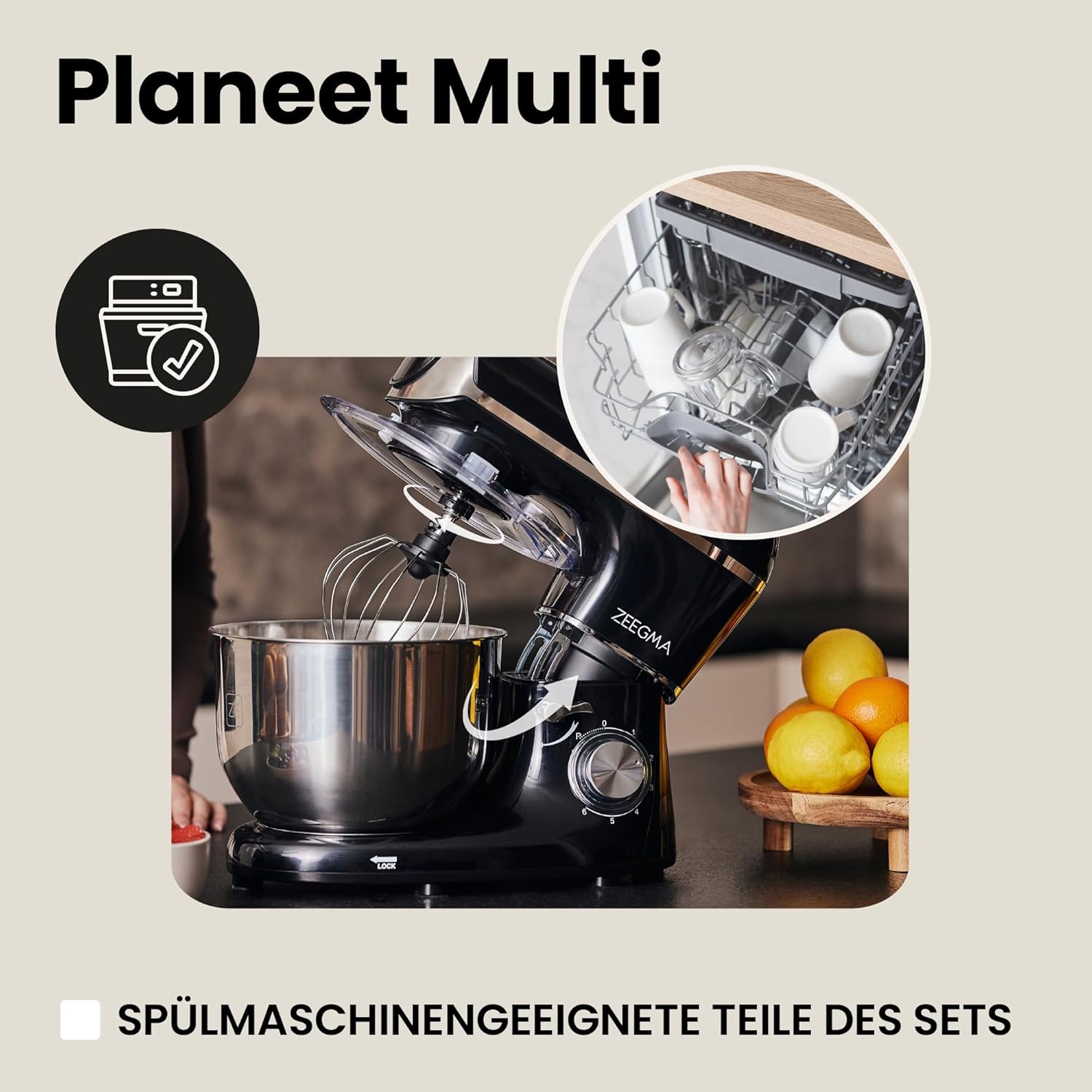 ZEEGMA PLANEET MULTI 1900 W 3-in-1-Planeten-Küchenmaschine, multifunktionale Küchenmaschine mit 6,2-l-Schüssel mit Griff und Deckel, Standmixer, Fleischwolf, 6 Geschwindigkeiten