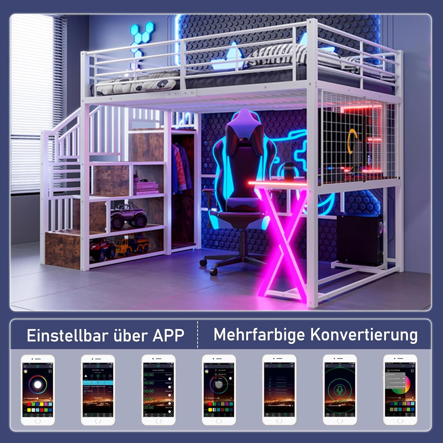 LED Hochbett 140x200 cm mit Schreibtisch, Bücherregal, Treppe und Kleiderschrank, Etagenbett mit Lattenrost, Funktionsbett Metallbett Spielbett Kinderhochbett Jugendhochbett, ohne Matratze, Weiß