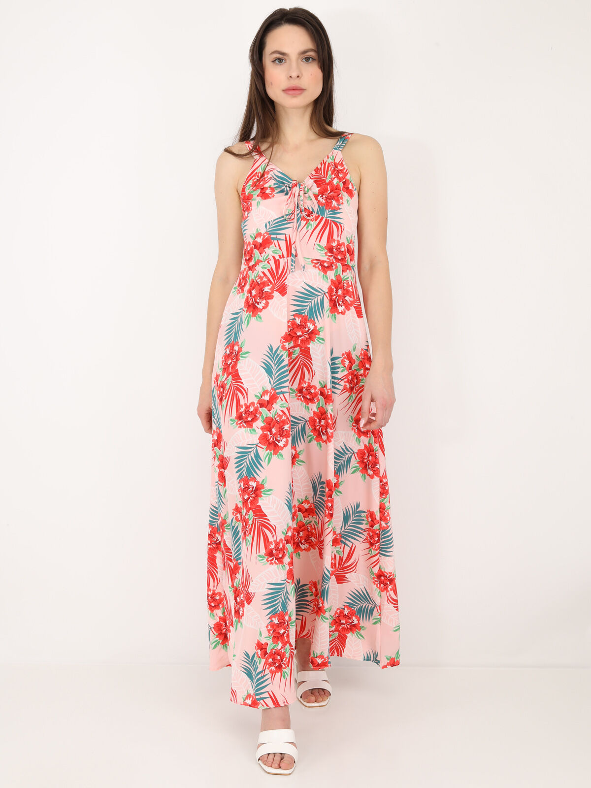 Robe longue dos nu à fleurs- Rose