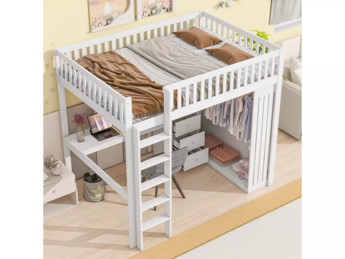 Lit mezzanine 140 x 200 cm avec bureau, armoire et 3 tiroirs - Pin + MDF - Blanc (sans matelas)
