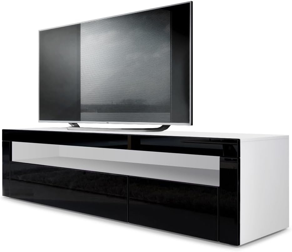 Vladon Lowboard Valencia, Made in Germany, TV-Kommode mit 1 offenem Fach und 2 Klappen, Weiß matt/Schwarz Hochglanz/Schwarz Hochglanz (155 x 46 x 40 cm)