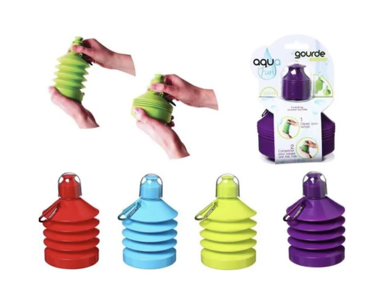 GOURDE RETRACTABLE AVEC MOUSQUETON PLIABLE LAVABLE
