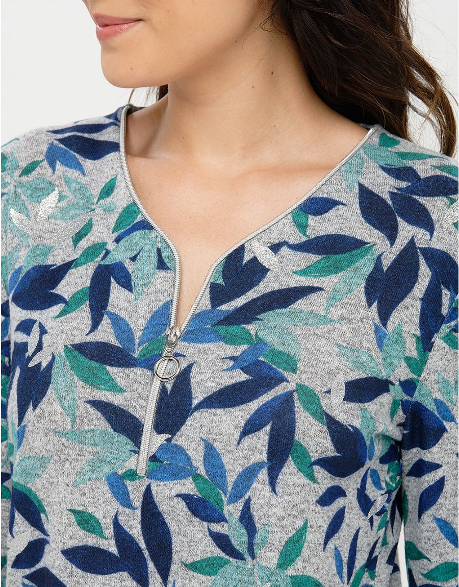 T-shirt gris à feuillages
