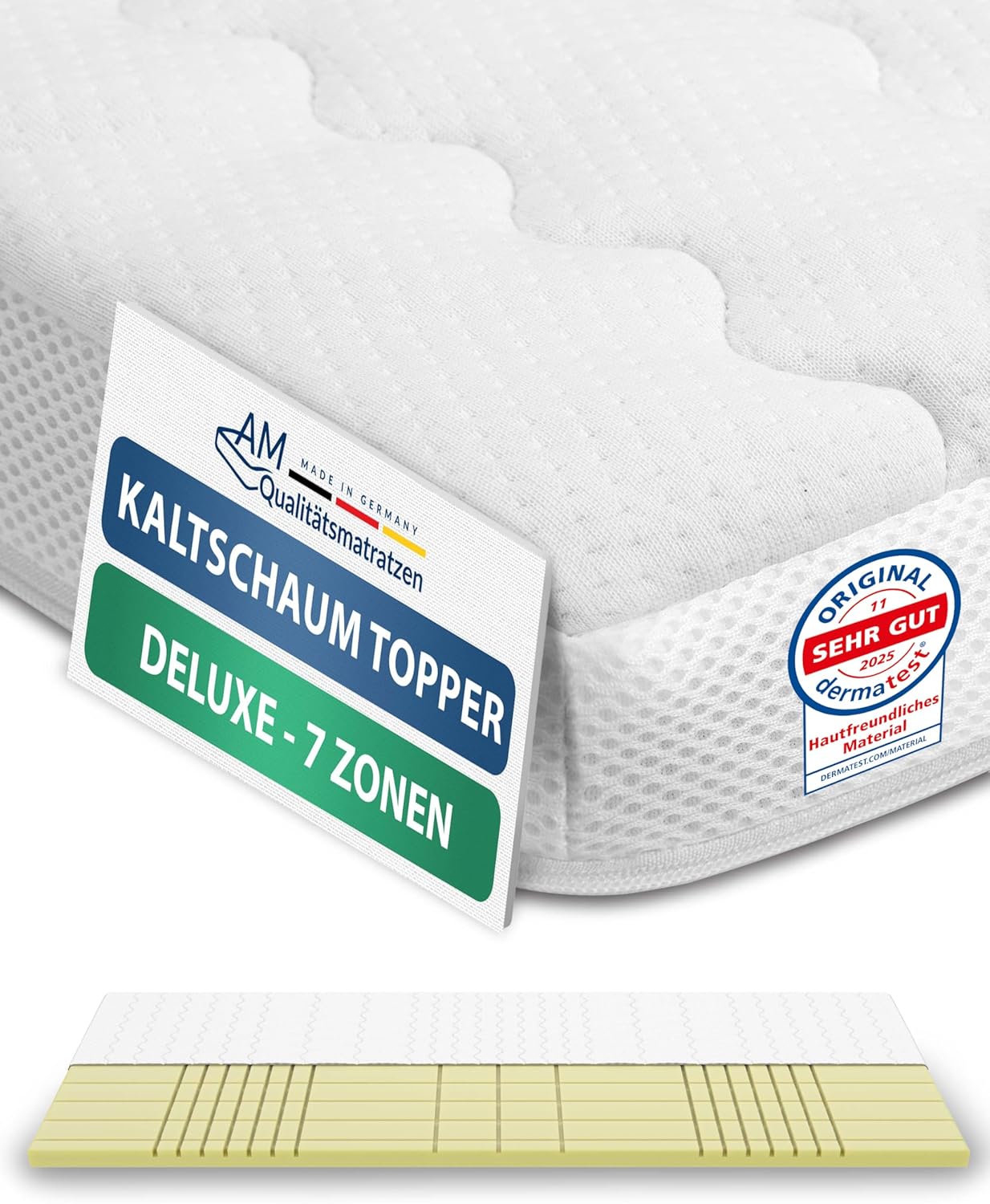 AM Qualitätsmatratzen 3D Deluxe 7 Zonen Kaltschaum Topper 160x190cm RG50 - Made in Germany - Atmungsaktiver Topper 160x190-8cm - Matratzenauflage 160x190 mit Lyocell Bezug und Anti-Rutsch Funktion