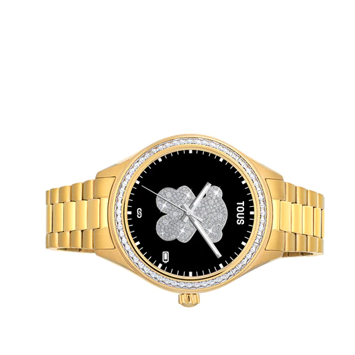 Relógio inteligente T-Shine Connect com pulseira em aço com revestimento em ouro e zircônias brancas.