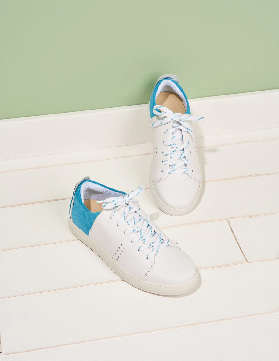 Baskets basses Renée - Cuir blanc turquoise