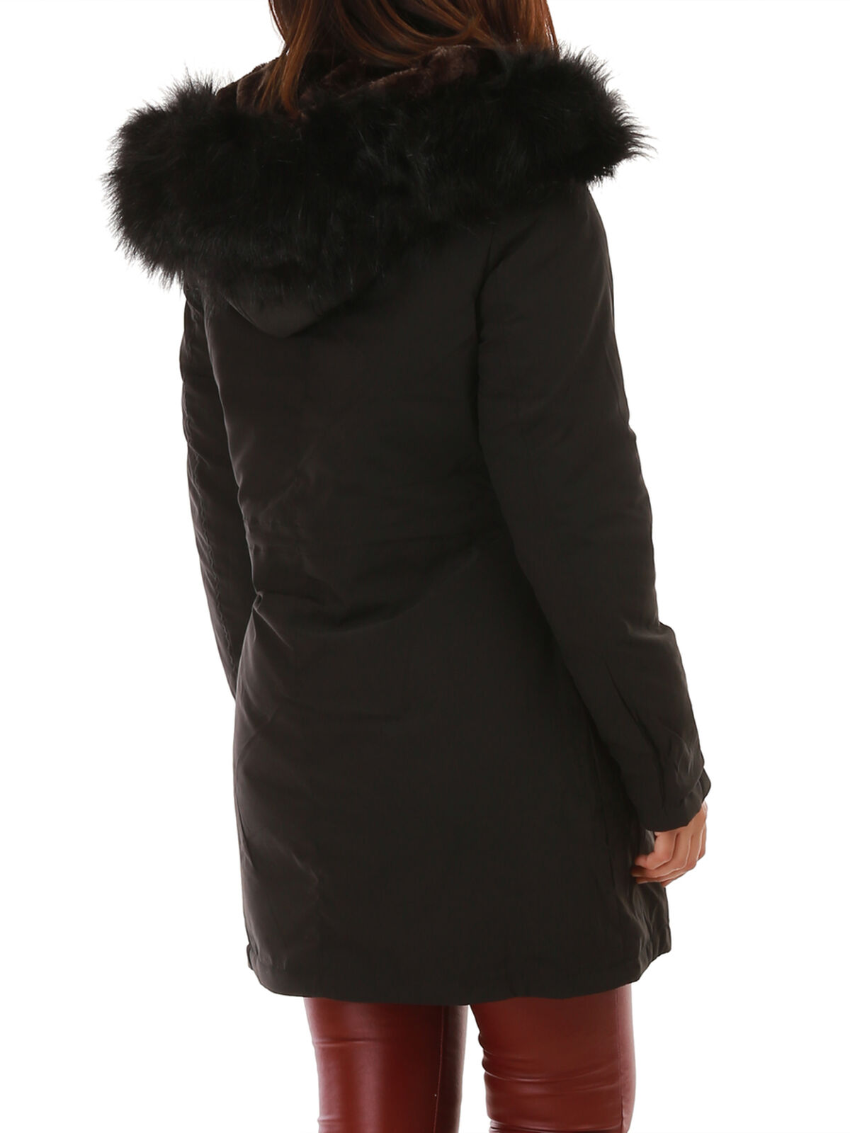 Parka à capuche fourrée et fausse fourrure- Noir