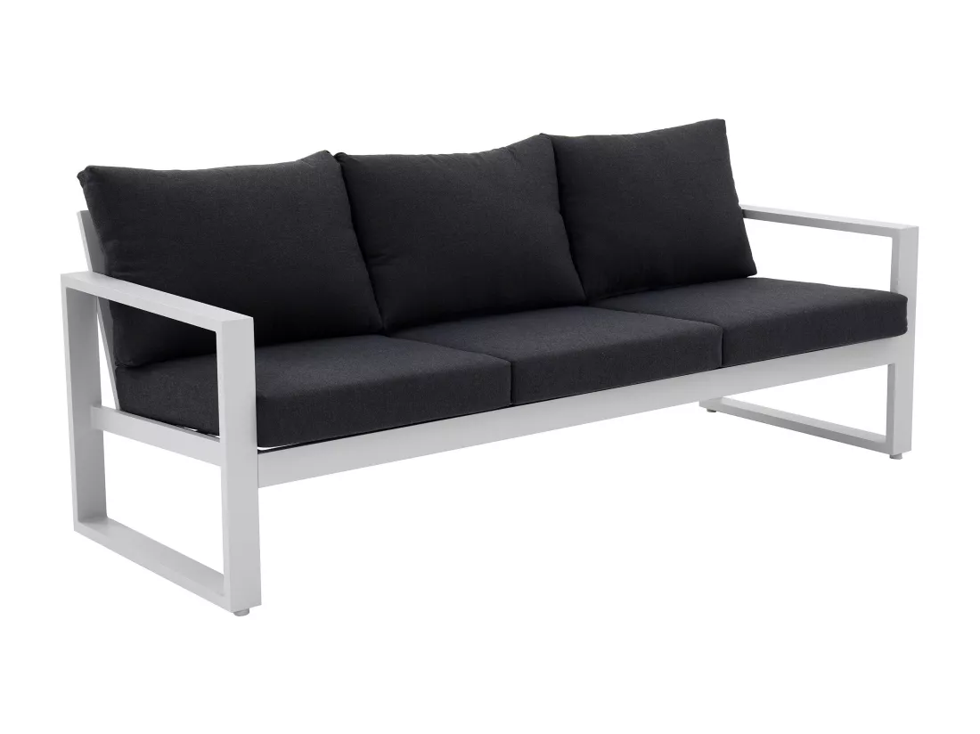 Salon de jardin en aluminium : un canapé 3 places, 2 fauteuils et une table basse - Blanc coussins noirs - JALLY de MYLIA