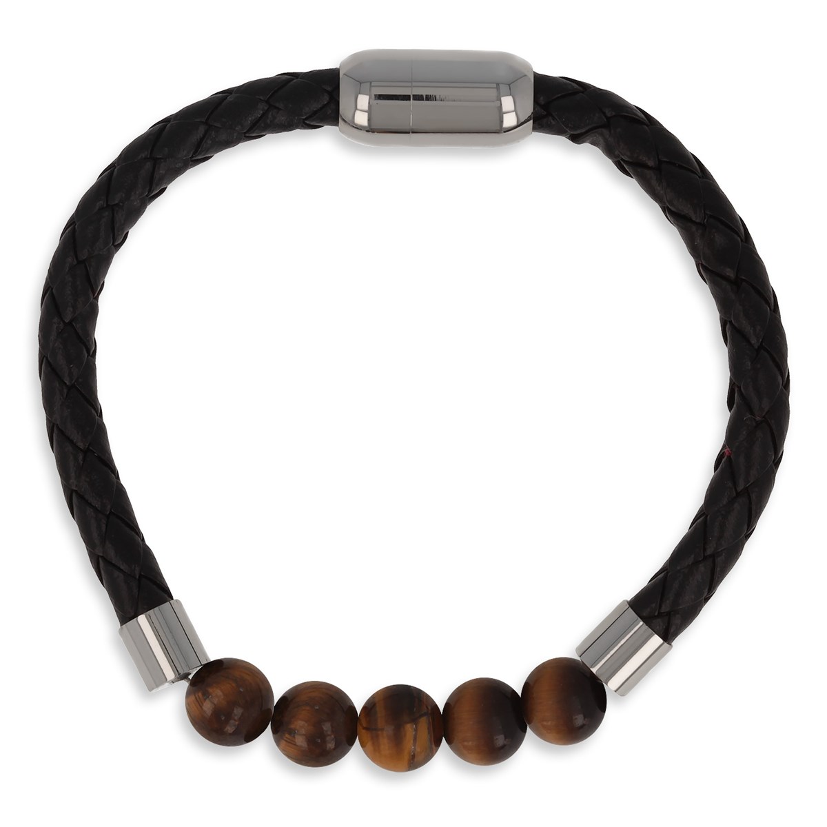 Bracelet Acier 316L cuir imitation 66M et 5 boules oeil de Tigre