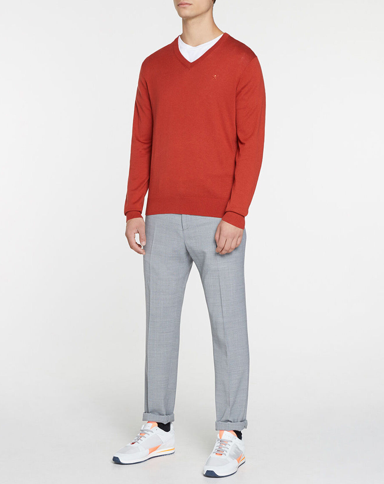 Hackett London Pull en Laine mélangée col V coudières orange/rouge